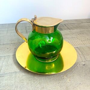 VTG RARE Emerald Glo Star Cut Green Glass Brass Pitcher Saucer National SilverCo